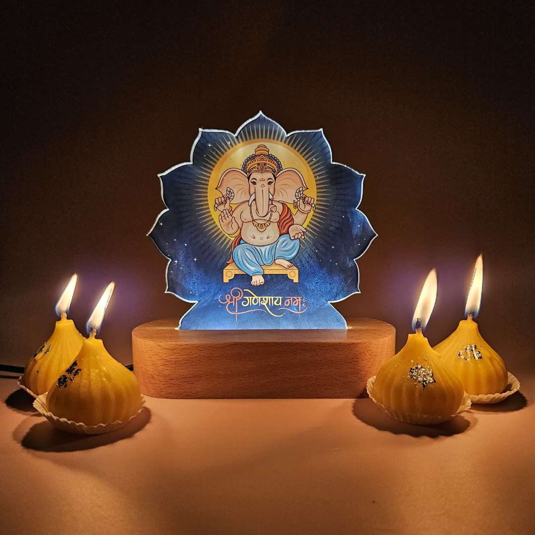 Ganesha Light Led Lamp Idol For Home With Modak Candles & Lamp; Pen - Ganesh Chaturti Gifts - Image 3
