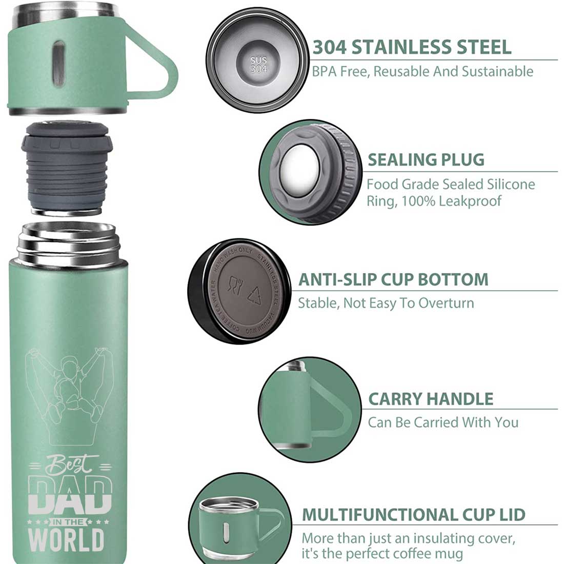 Gifts for Dad Travel Thermos With 2 Cups Gift Set Box - World Best Dad - Image 6