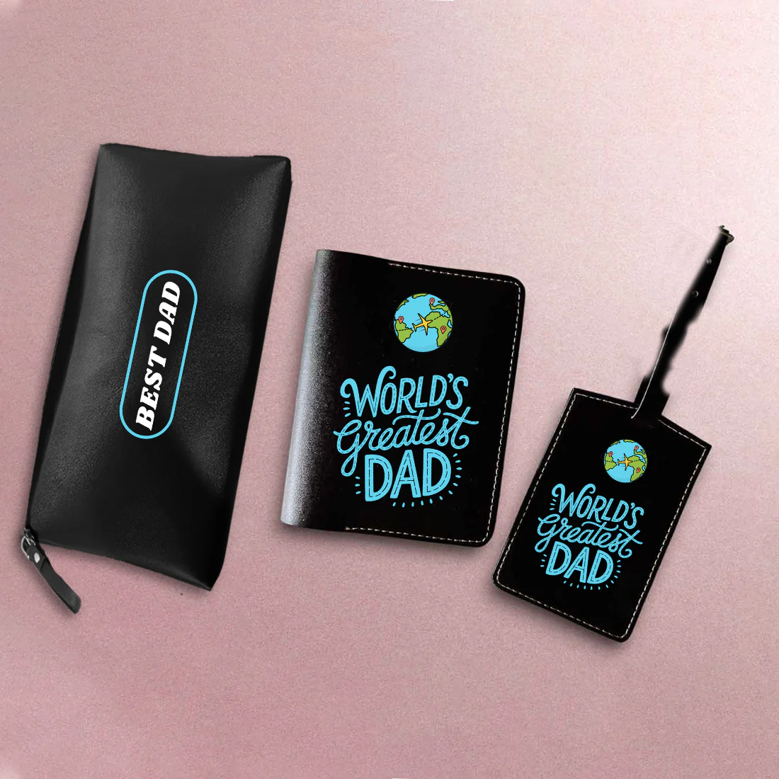 Gifts for Father's Day Travel Set, PU Leather Pouch, Passport Cover and Luggage Tag, World's Greatest Dad Design - Image 3