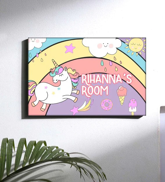 Children's Custom Door Name Plate - Unicorn Rainbows Sunshine
