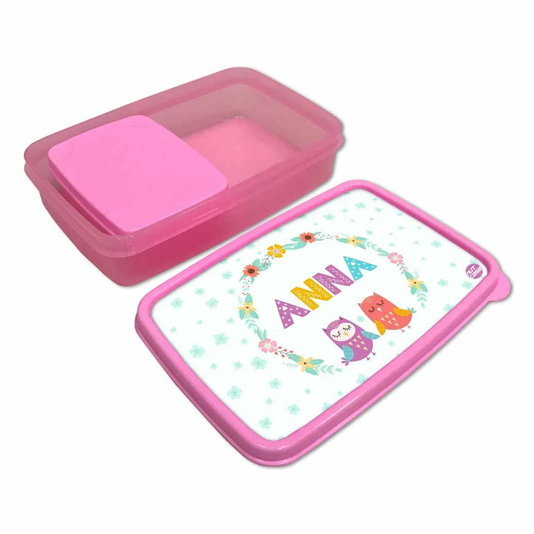Personalized Snack Box for Kids Plastic Lunch Box for Girls -Floral & Owl - Image 3