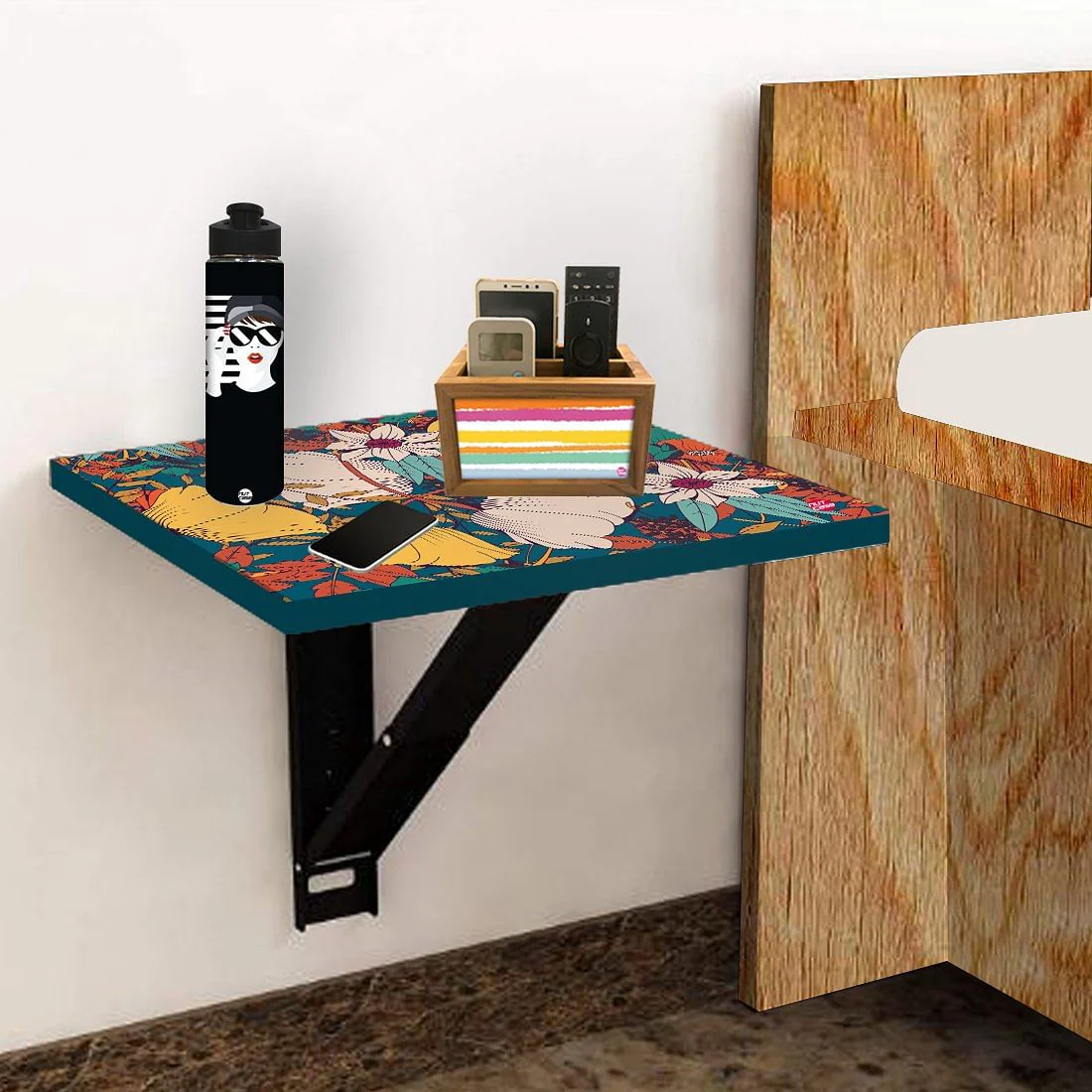 Fold Down Wall Fixed Bedside Table With Desk - Yellow Flower - Image 5