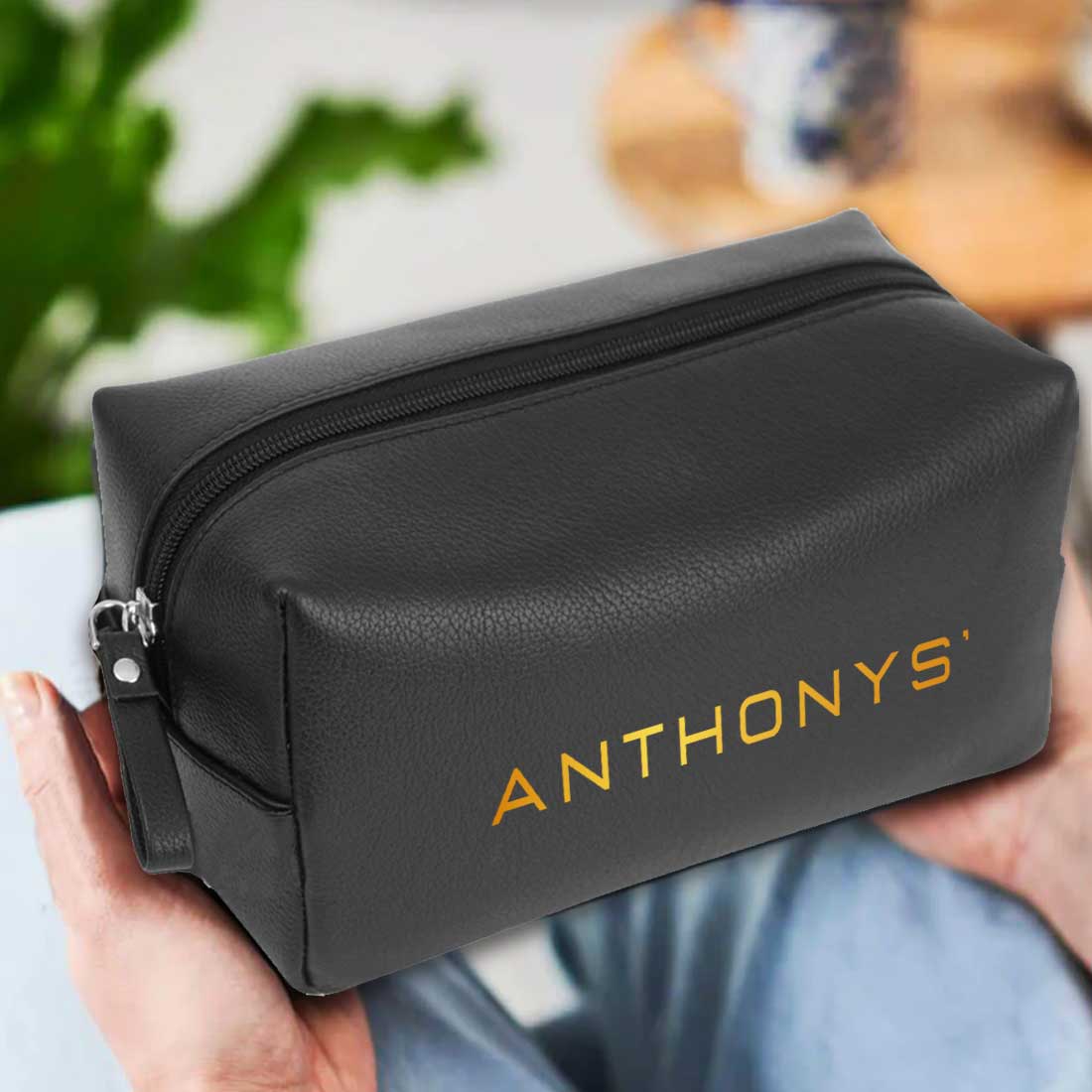Male Toiletries Bag with Name - Faux Leather Black Travel Pouch - Image 3