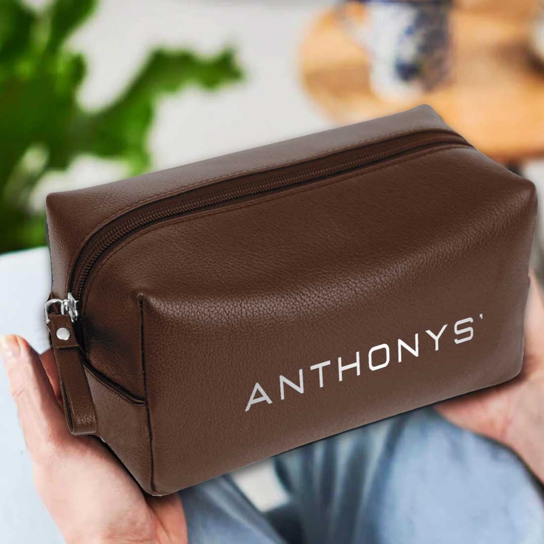 Male Toiletries Bag with Name - Faux Leather Black Travel Pouch - Image 5