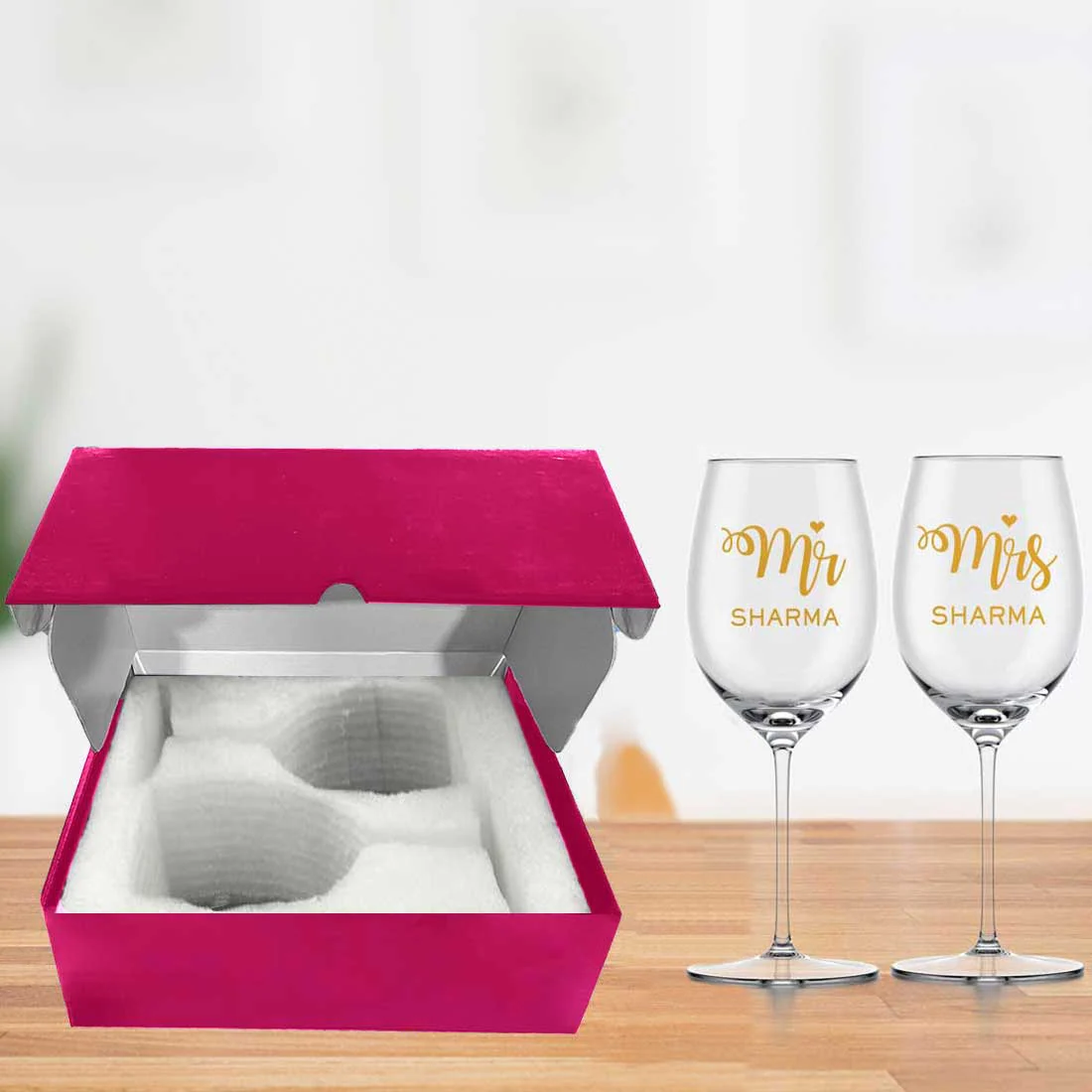 Wine Glass Set of 2 Gift Box - Mr & Mrs Wine Glasses in Black & Pink Box - Image 2