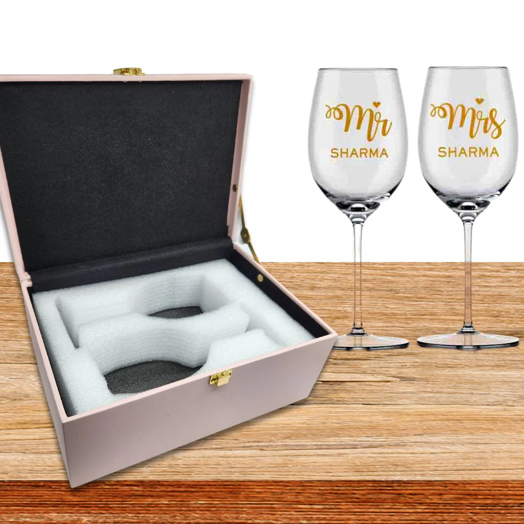 Wine Glass Set of 2 Gift Box - Mr & Mrs Wine Glasses in Black & Pink Box - Image 5
