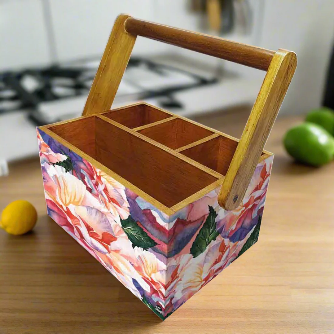 Cutlery Holder for Table Stand With Handle Spoons Napkin Organizer - Floral