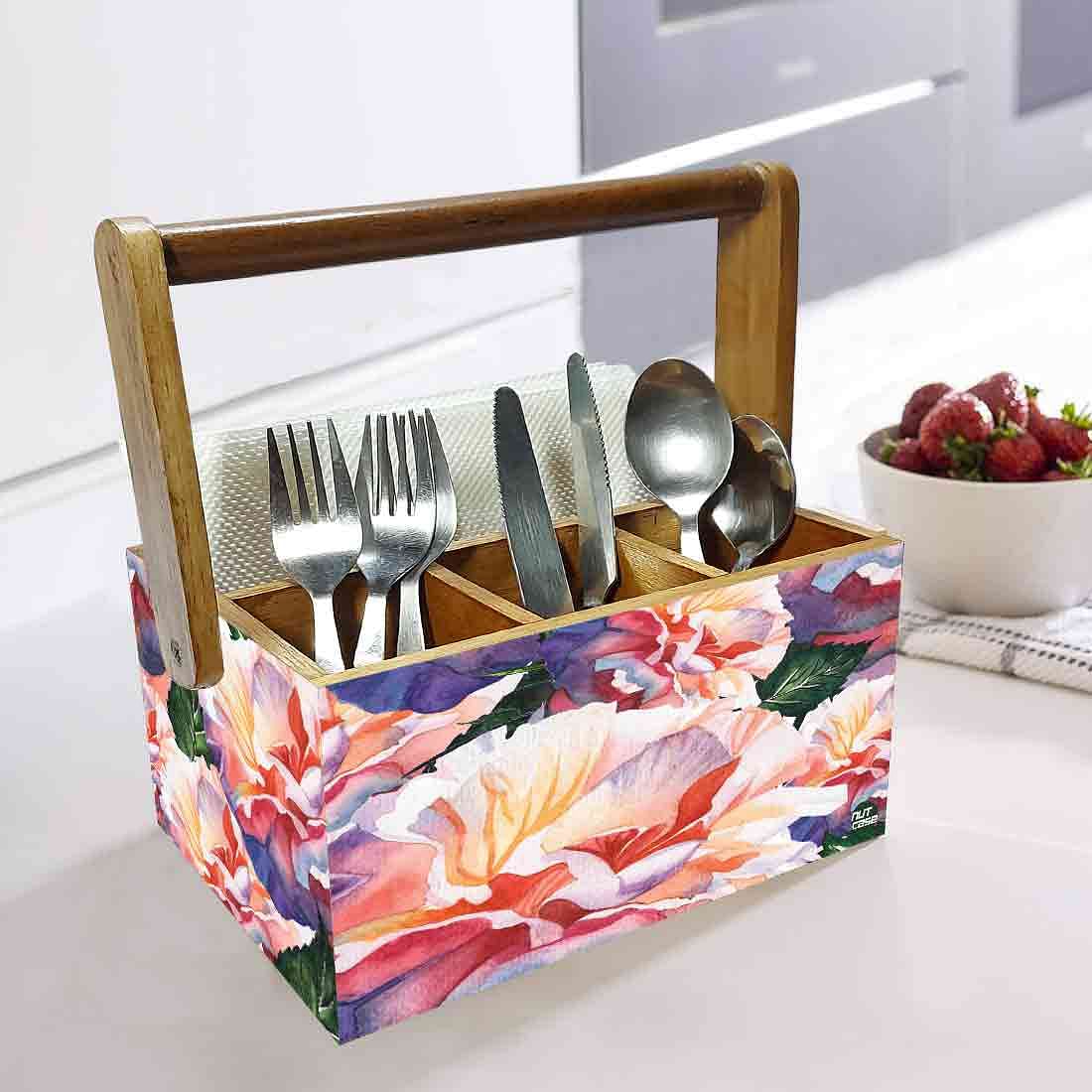 Cutlery Holder for Table Stand With Handle Spoons Napkin Organizer - Floral - Image 2