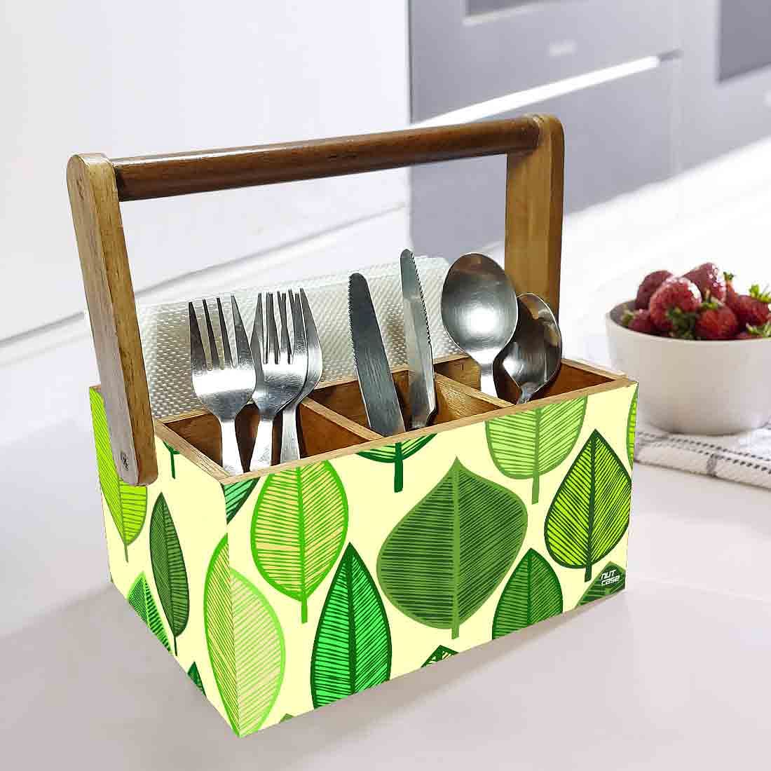 Cutlery Stand Holder for Dining Table Spoons Napkin Organizer - Green Leaves - Image 2