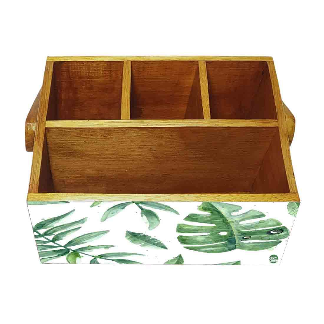 Cutlery Box for Storage Wooden Holder With Handle - Drops Leaves - Image 4