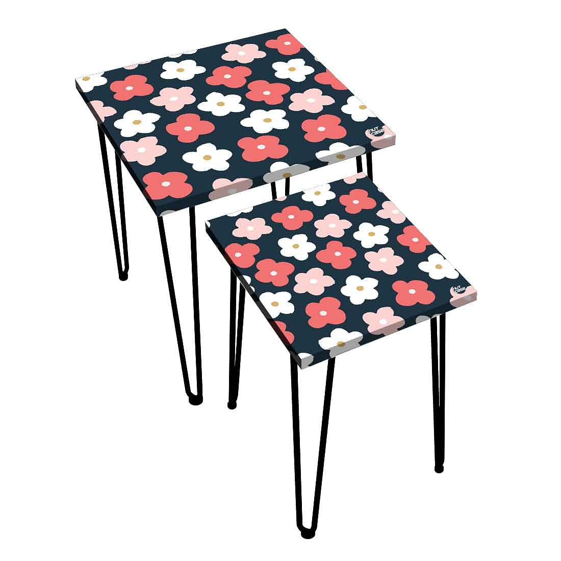 Nesting Table Set Of 2 Nest of Tables for Living Room - Pink White Flower