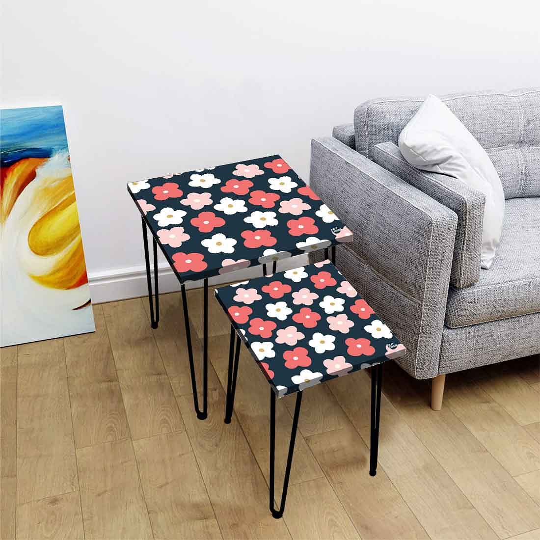 Nesting Table Set Of 2 Nest of Tables for Living Room - Pink White Flower - Image 2