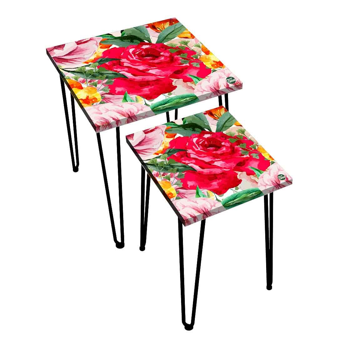 Set of 2 Square Nesting Tables for Home Office and Outdoor - Red Floral - Image 2