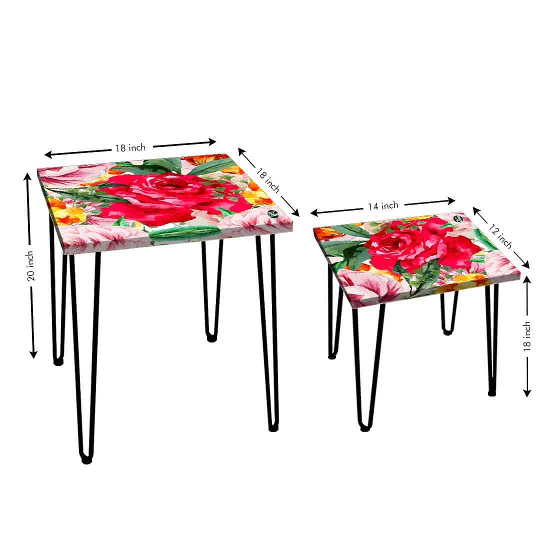 Set of 2 Square Nesting Tables for Home Office and Outdoor - Red Floral - Image 3