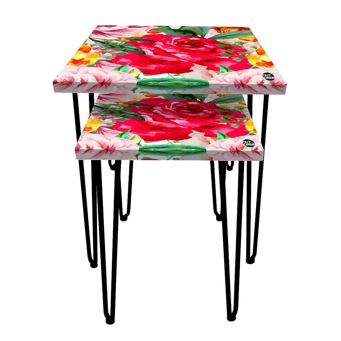 Set of 2 Square Nesting Tables for Home Office and Outdoor - Red Floral - Image 4