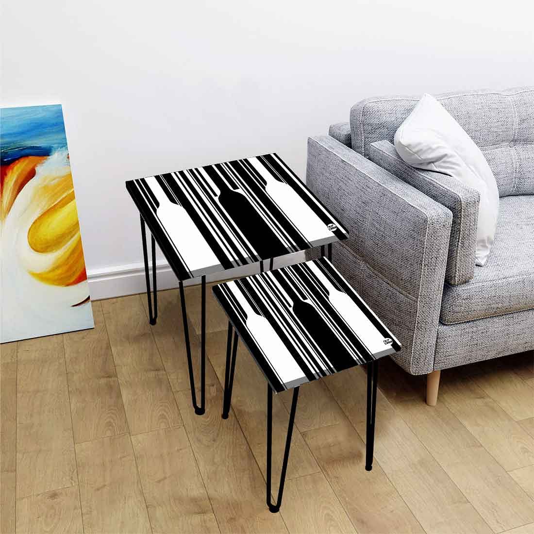 Nesting Table Modern Coffee Tea for Living Room & Balcony - Black White Pattern - Image 2