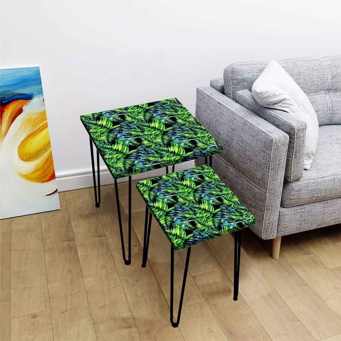 2 Nesting Coffee Table for Living Room Decor - Green Black Leaf