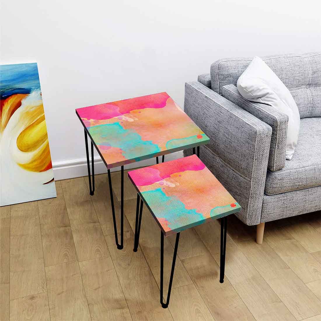 Nesting Coffee Table Set of 2 for Living Room & Office - Multi Watercolor - Image 2