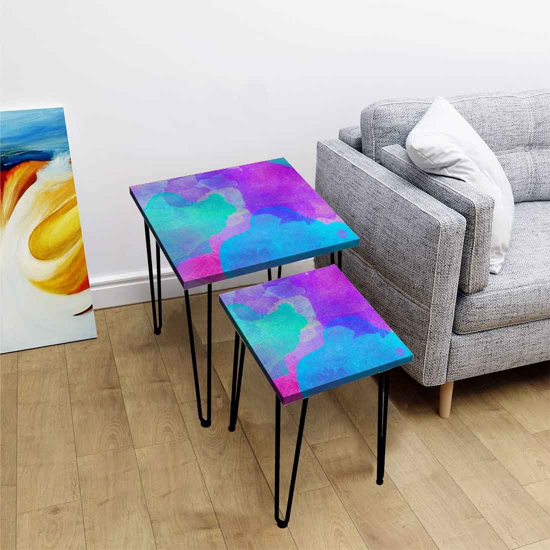 Nesting Table Set of 2 for Living Room Balcony Patio - Blue Watercolor - Image 2