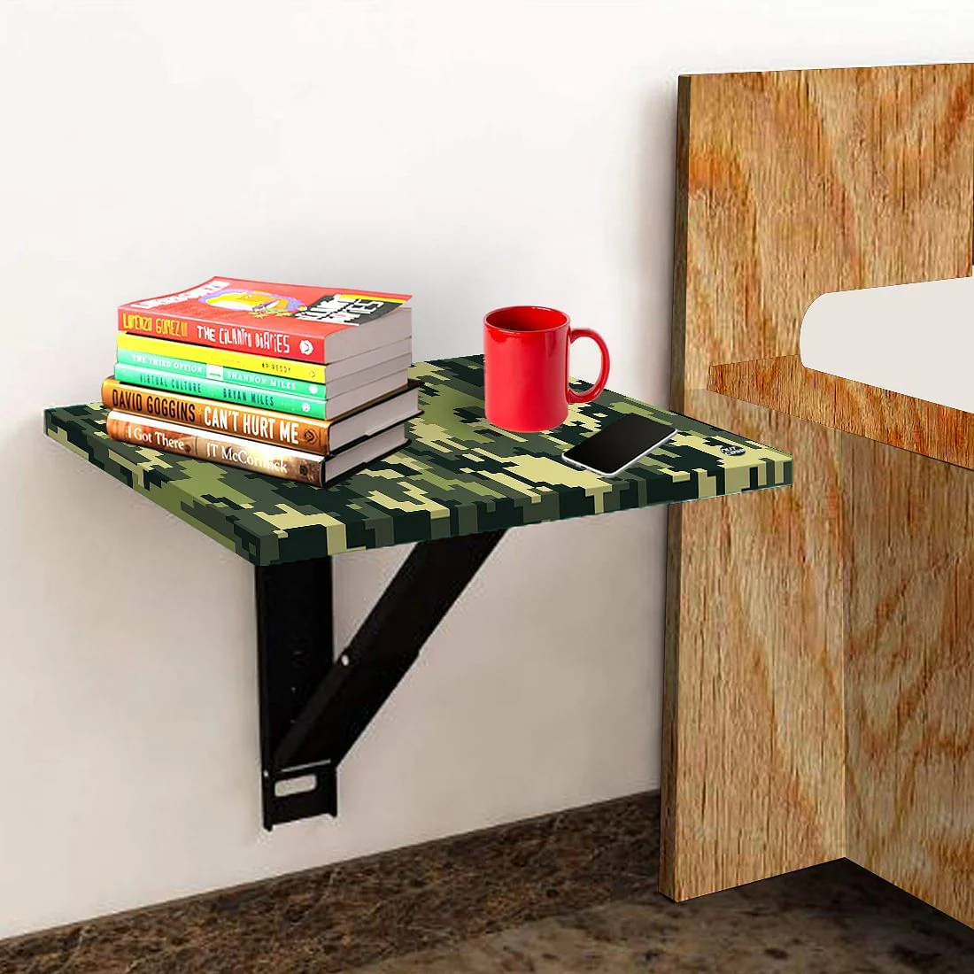 Fold Down Wall Mounted Folding Bedside Table With Desk - 8 Bit Camouflage - Image 3