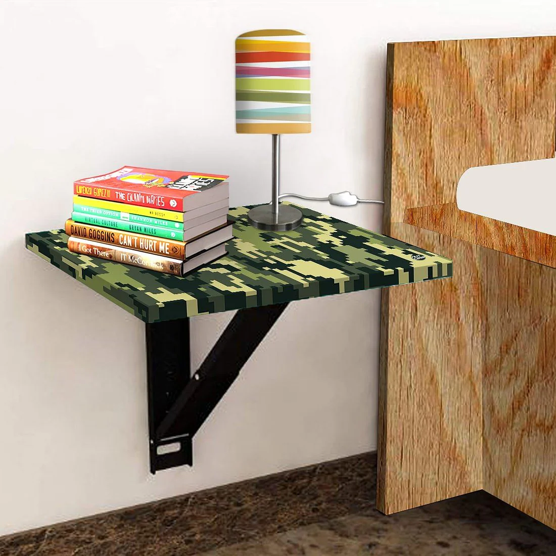Fold Down Wall Mounted Folding Bedside Table With Desk - 8 Bit Camouflage - Image 4