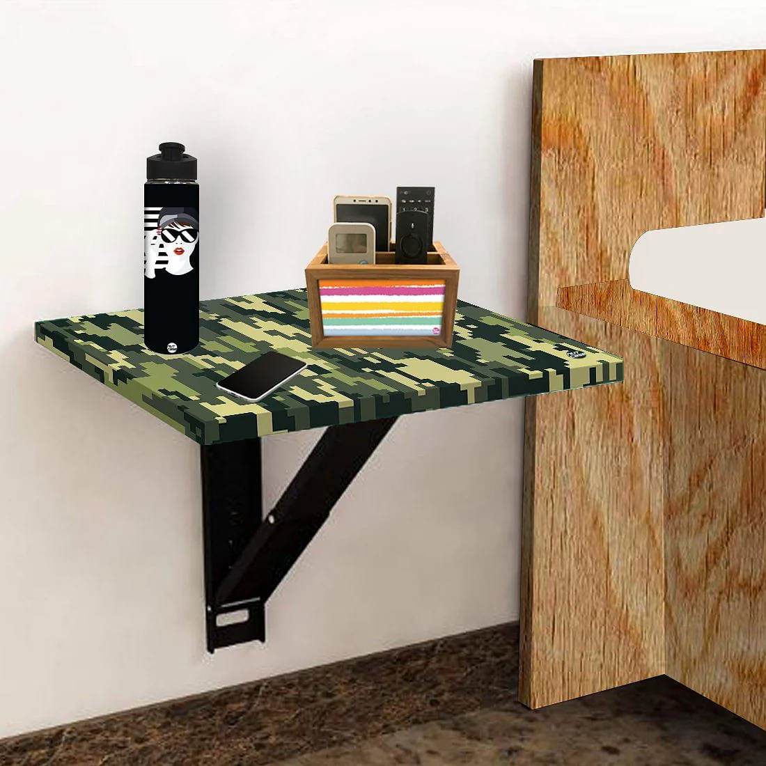 Fold Down Wall Mounted Folding Bedside Table With Desk - 8 Bit Camouflage - Image 5