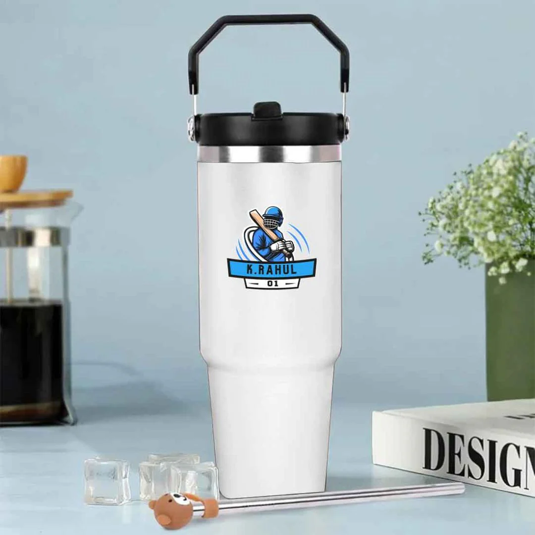 Customised Sipper Tumbler for Cricket Lovers – 900ml Stainless Steel Vacuum Insulated Bottle with Handle