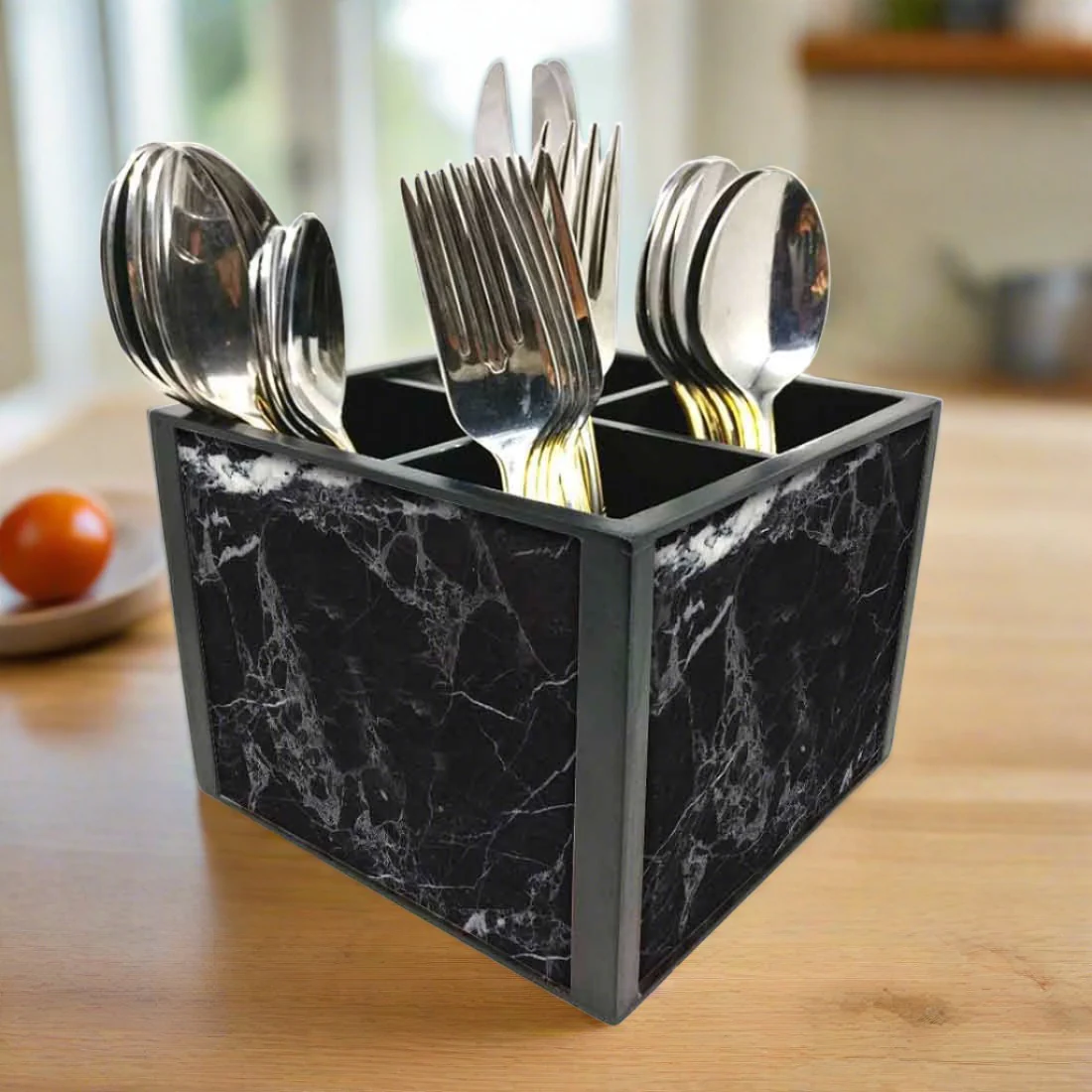 Classy Wooden Cutlery Holder for Dinning Table Organizer - Black Marble