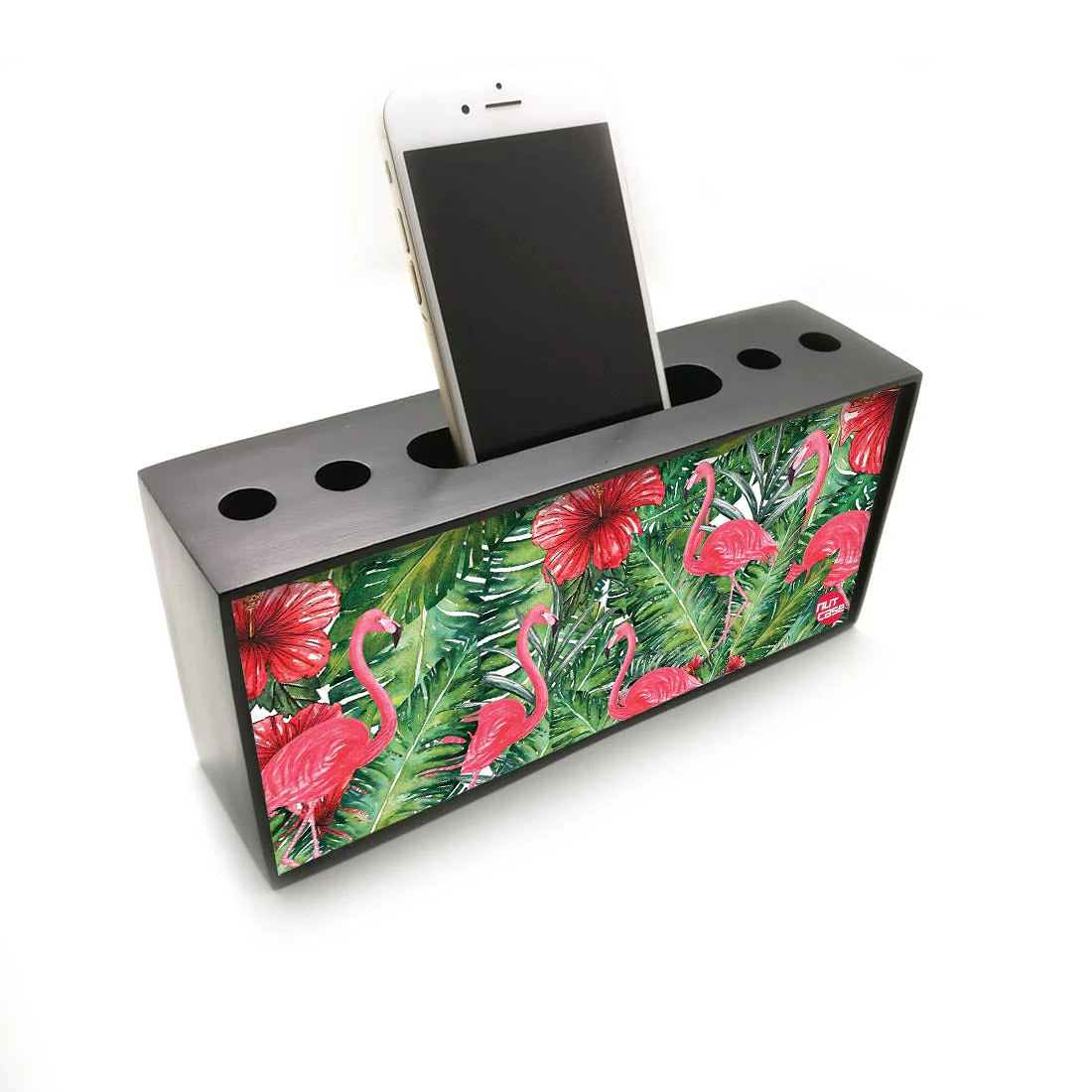 Pen Mobile Stand Holder Desk Organizer - Flamingos With Red Flower - Image 2