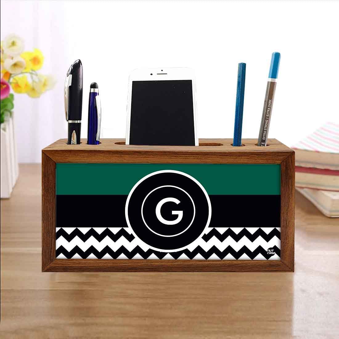 Custom-Made Wooden Desk Organiser - Green Colored with Initial - Image 4
