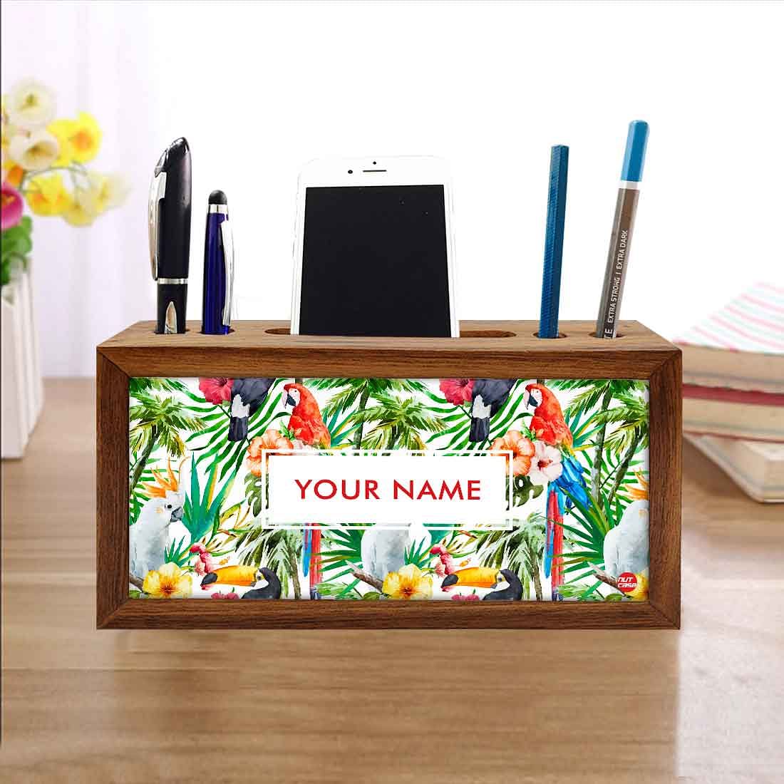 Customized Solid Wood desk organizer - Leaves with White Parrot - Image 4