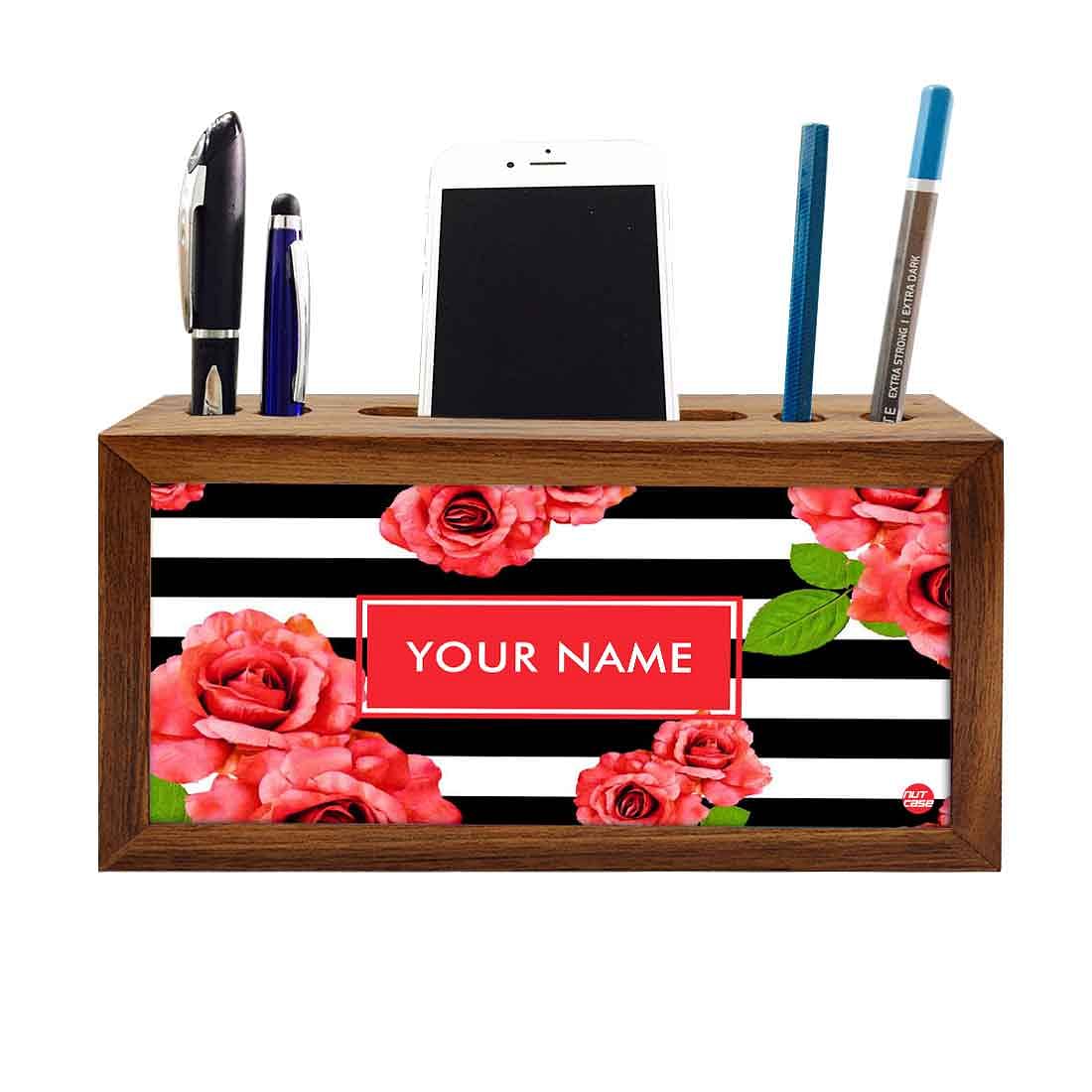 Customized Wooden pen and pencil holder - Vintage Flowers