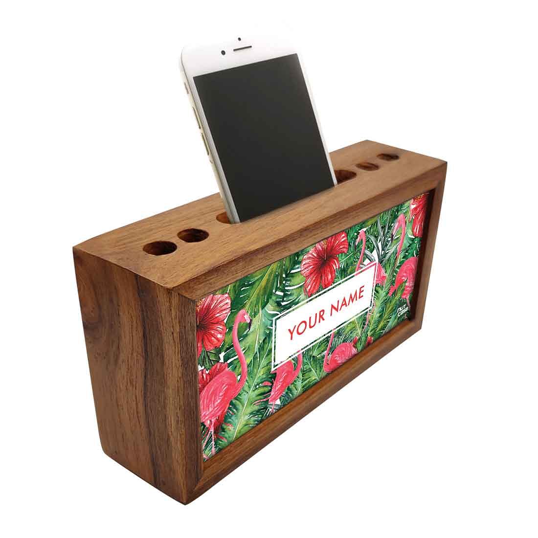 Personalized Wooden Table Organizer - Hibiscus and Flamingo - Image 2