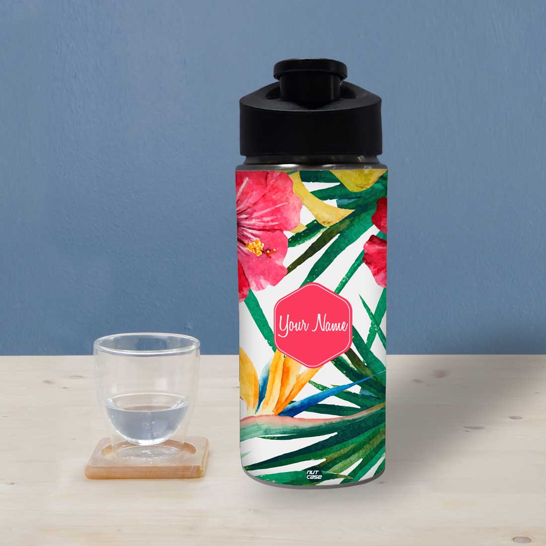Customised Bottle With Name - Hibiscus and Leaf