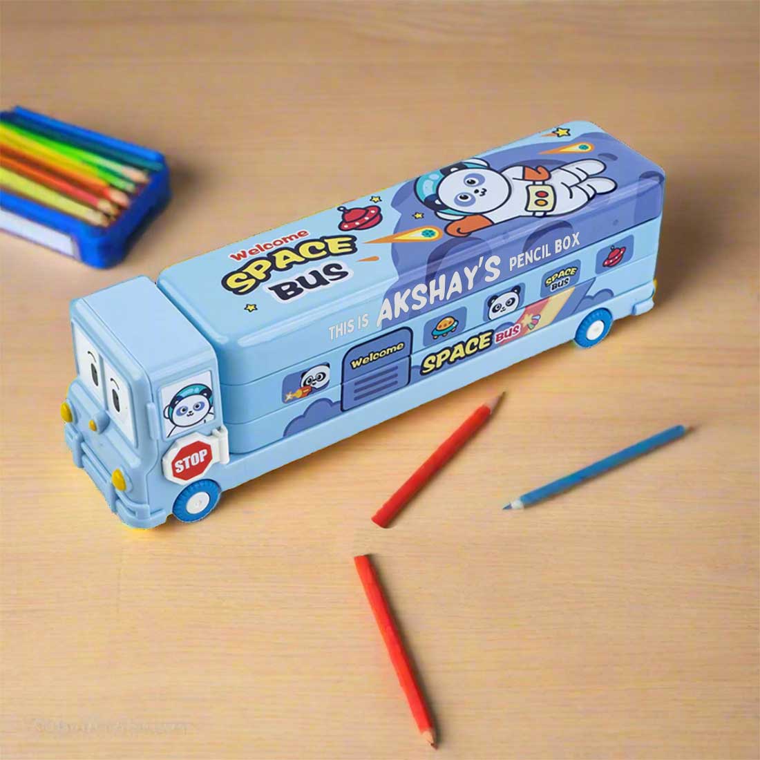 Personalized Bus Pencil Box for Kids - Space Bus with Built-in Sharpener - Image 9