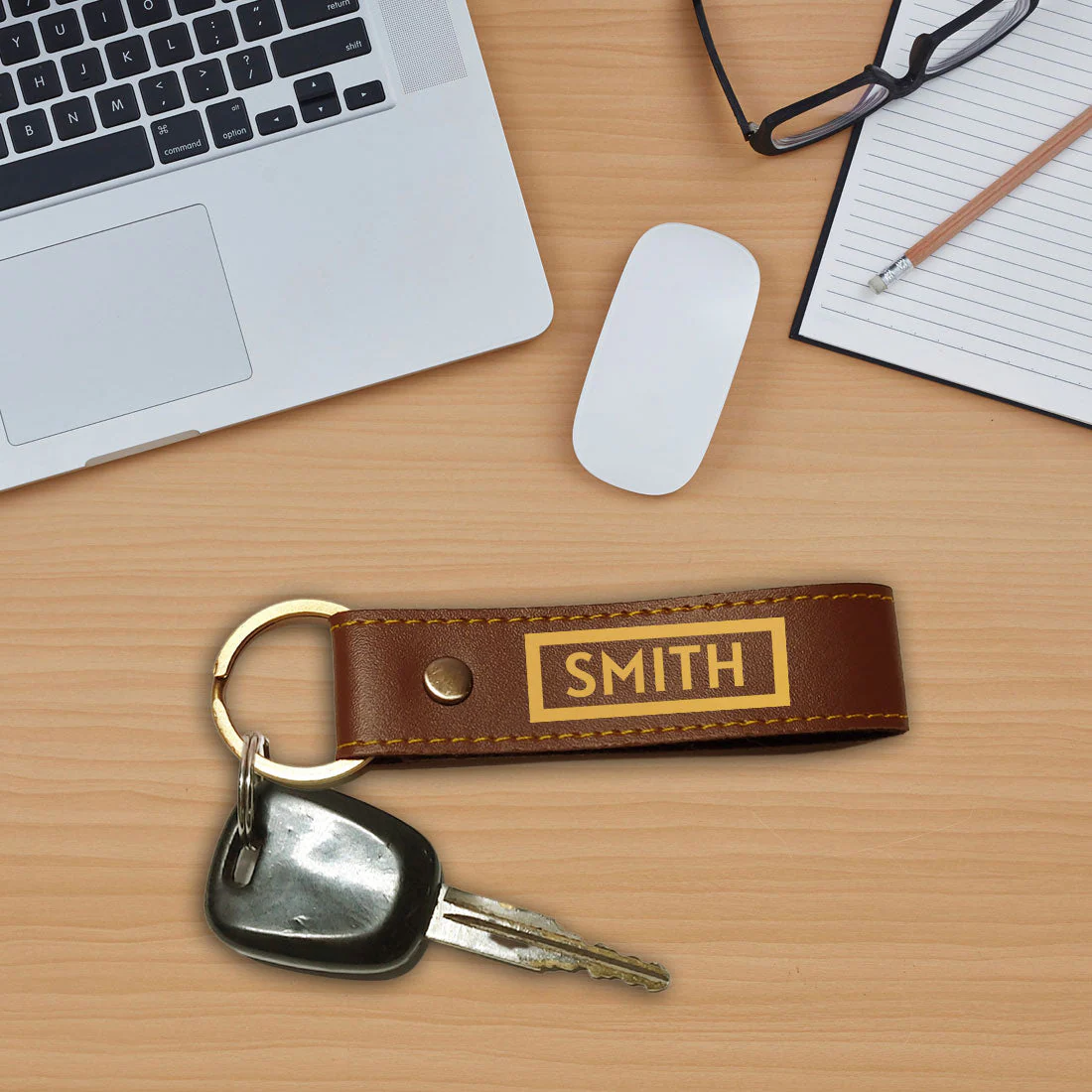 Personalised Vegan Leather Key Chain with Name Gifts for Men - Box Name - Image 2