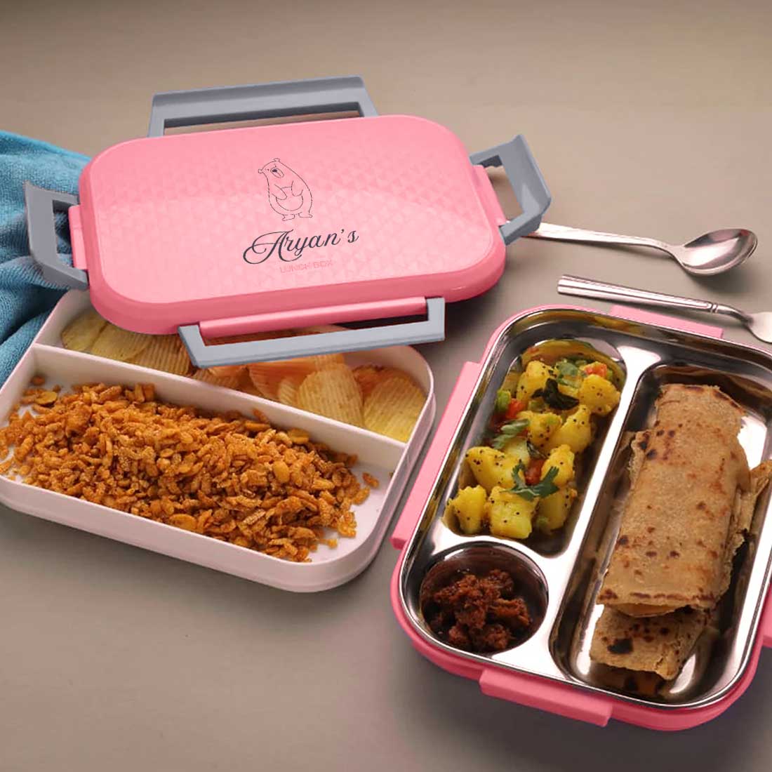 Personalized Lunch Box for Girls and Boys - Stainless Steel Pink Tiffin Box - Image 4