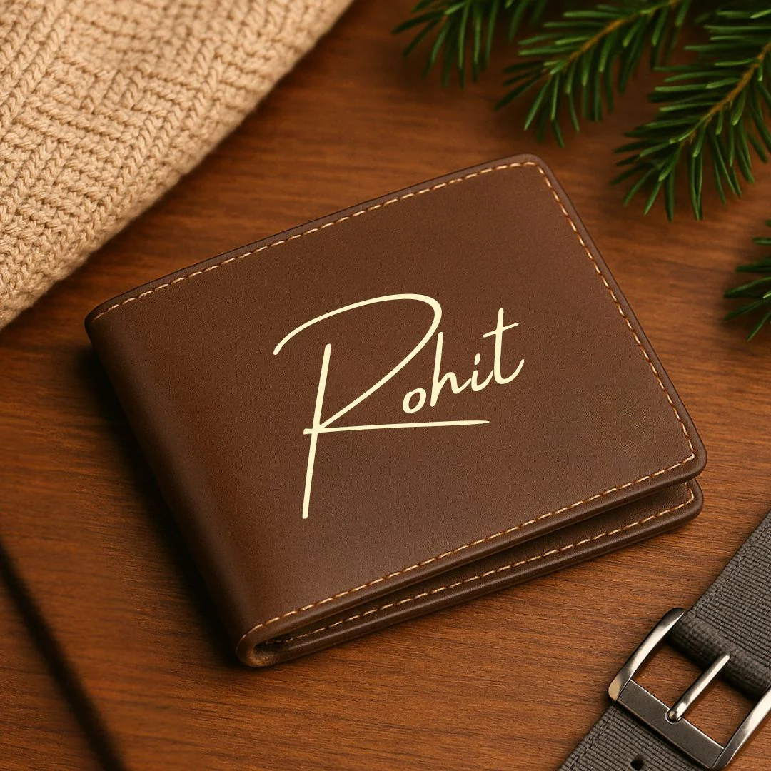 Personalized Raksha Bandhan Gift Set for Brother - Faux Leather Pouch, Wallet, Glass Holder & Rakhi - Available in Black & Brown - Image 3