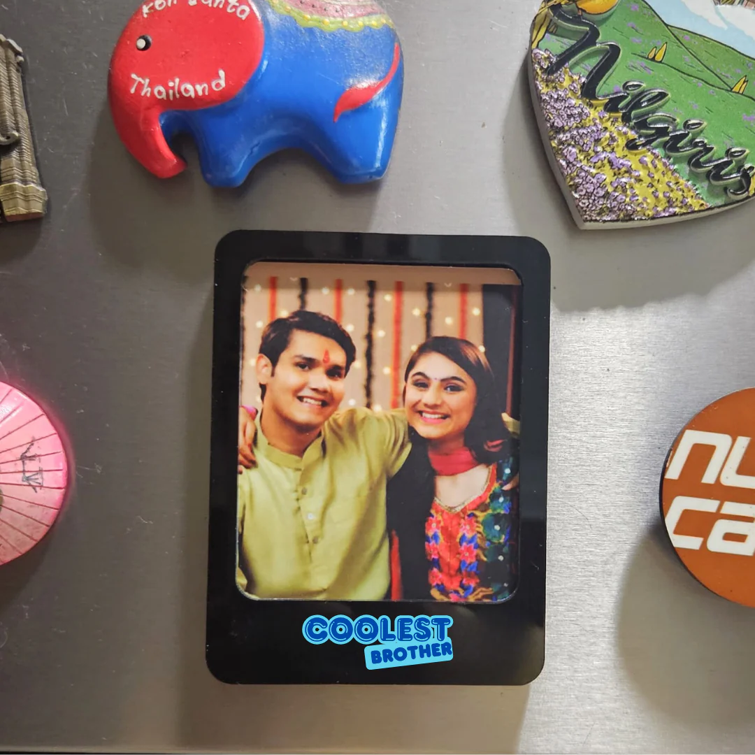Personalized Rakshabandhan Gift for Brother – Fridge Magnet Set, Super Bro Acrylic Rakhi & Twix Chocolate Combo - Image 4