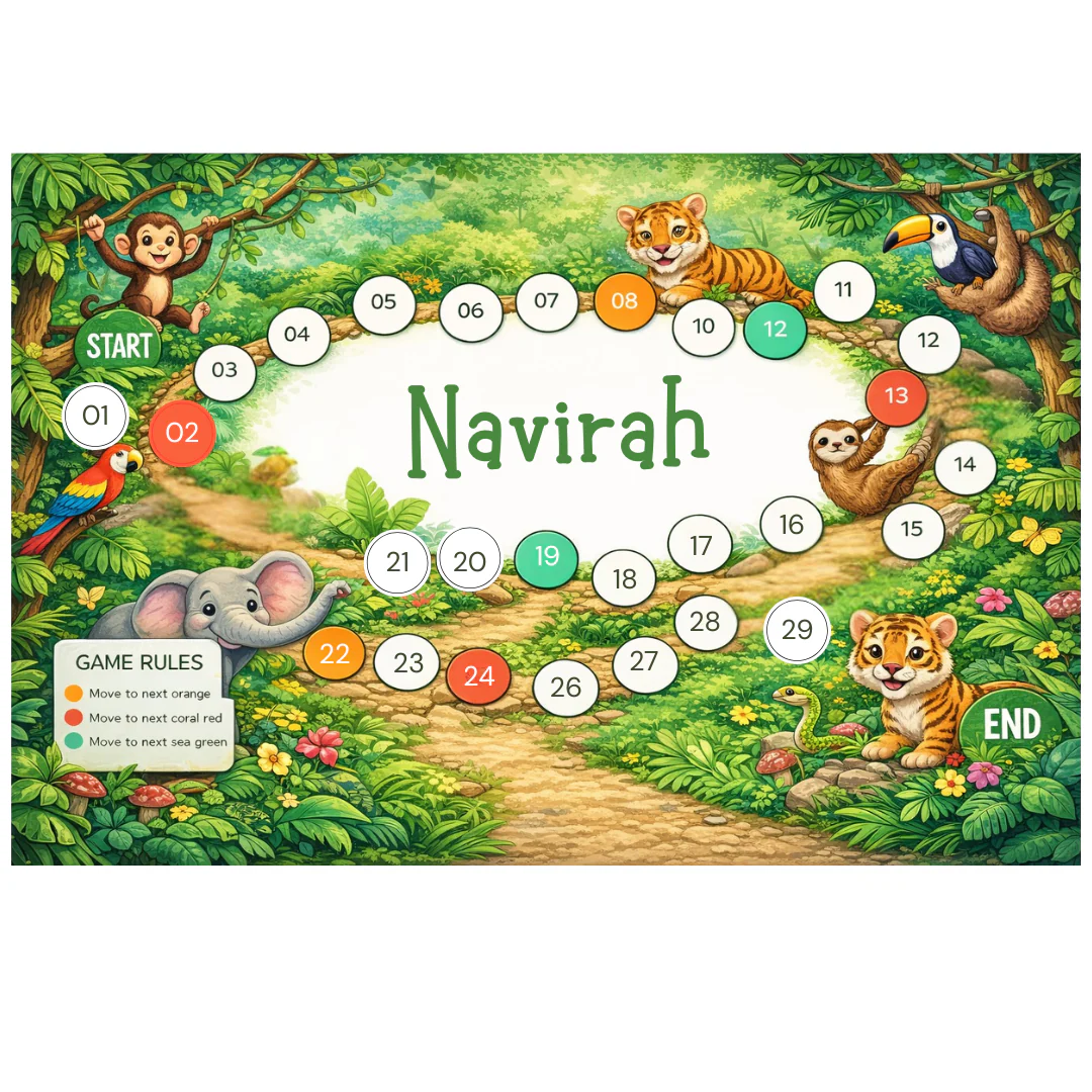 Personalized Table mat for Girls Board Game Design With Dice & Pieces - Jungle - Image 2