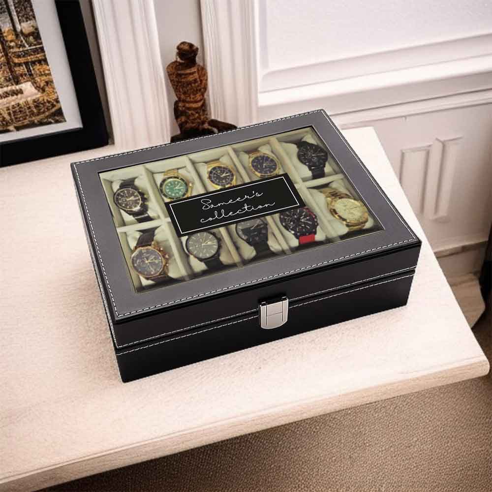 Personalized Watch Organizer Box – 10 Slot Faux Leather Wrist Watch Storage Case with Glass Lid - Image 3