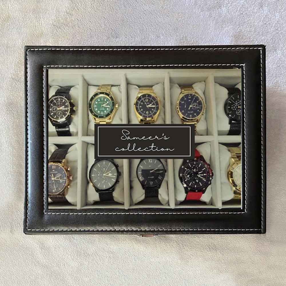Personalized Watch Organizer Box – 10 Slot Faux Leather Wrist Watch Storage Case with Glass Lid - Image 4
