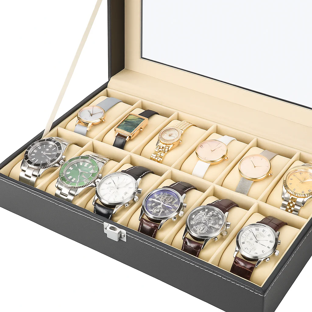Personalized Watch Organizer Box – 10 Slot Faux Leather Wrist Watch Storage Case with Glass Lid - Image 5