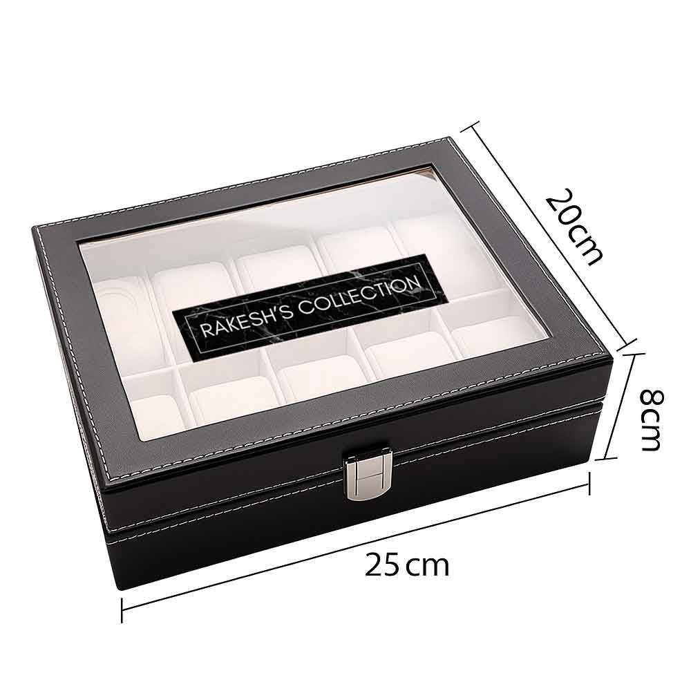 Personalized Watch Organizer Box – 10 Slot Faux Leather Wrist Watch Storage Case with Glass Lid - Image 6