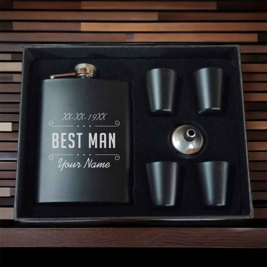 Personalized Whiskey Flask With Funnel And 4 Shot Glasses In Gift Box - Your Name