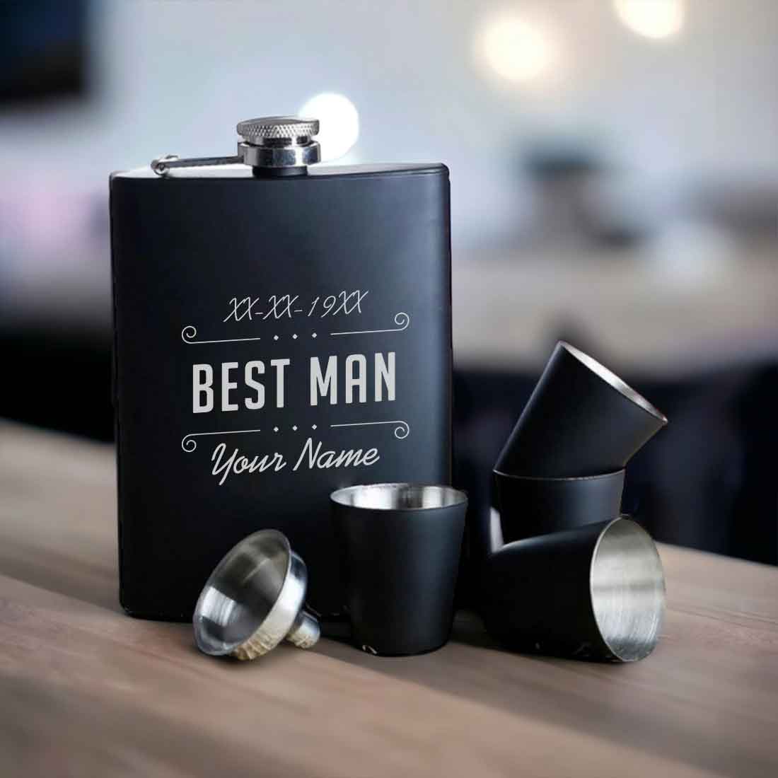 Personalized Whiskey Flask With Funnel And 4 Shot Glasses In Gift Box - Your Name - Image 3