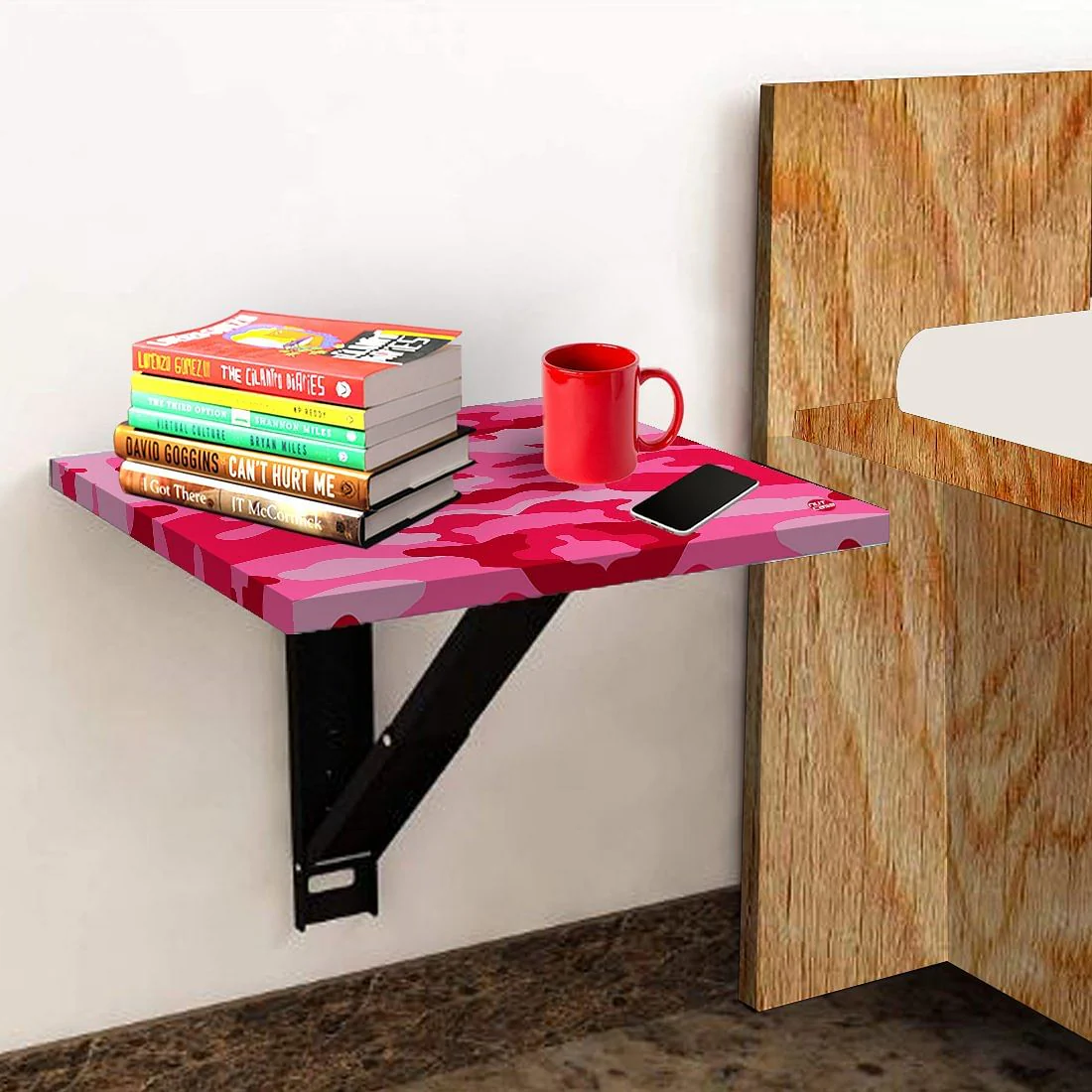 Folding Wall Mount Bedside Table - Army Camouflage Pink - Image 3