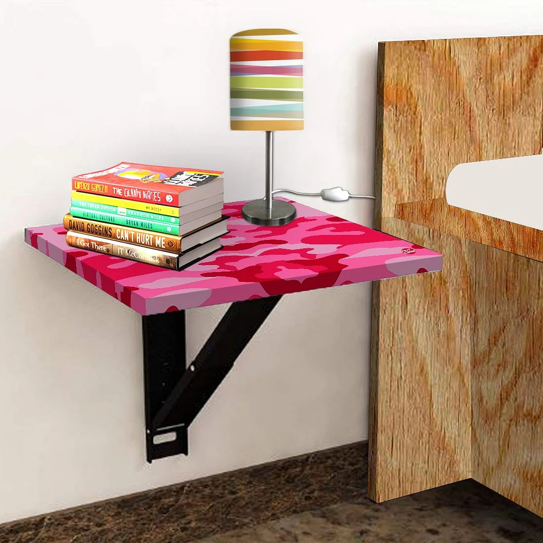 Folding Wall Mount Bedside Table - Army Camouflage Pink - Image 4