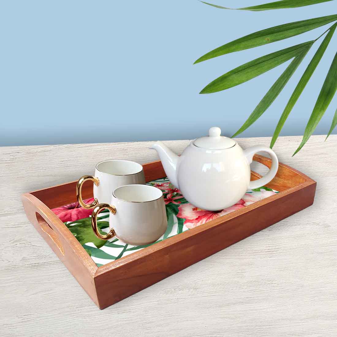 Rectangular Shaped Wooden Coffee Serving Tray Set of 3 - Hibiscus - Image 2