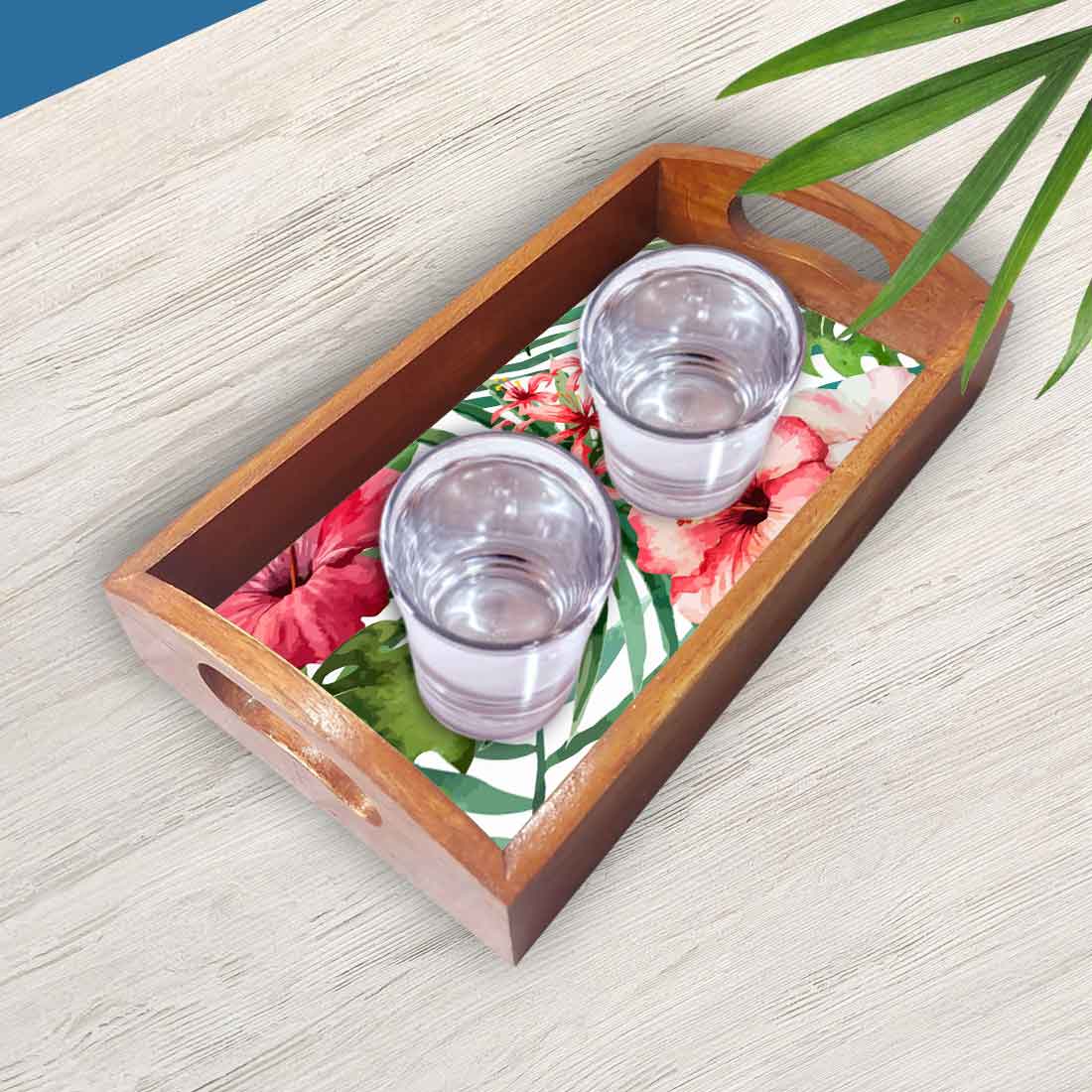 Rectangular Shaped Wooden Coffee Serving Tray Set of 3 - Hibiscus - Image 3